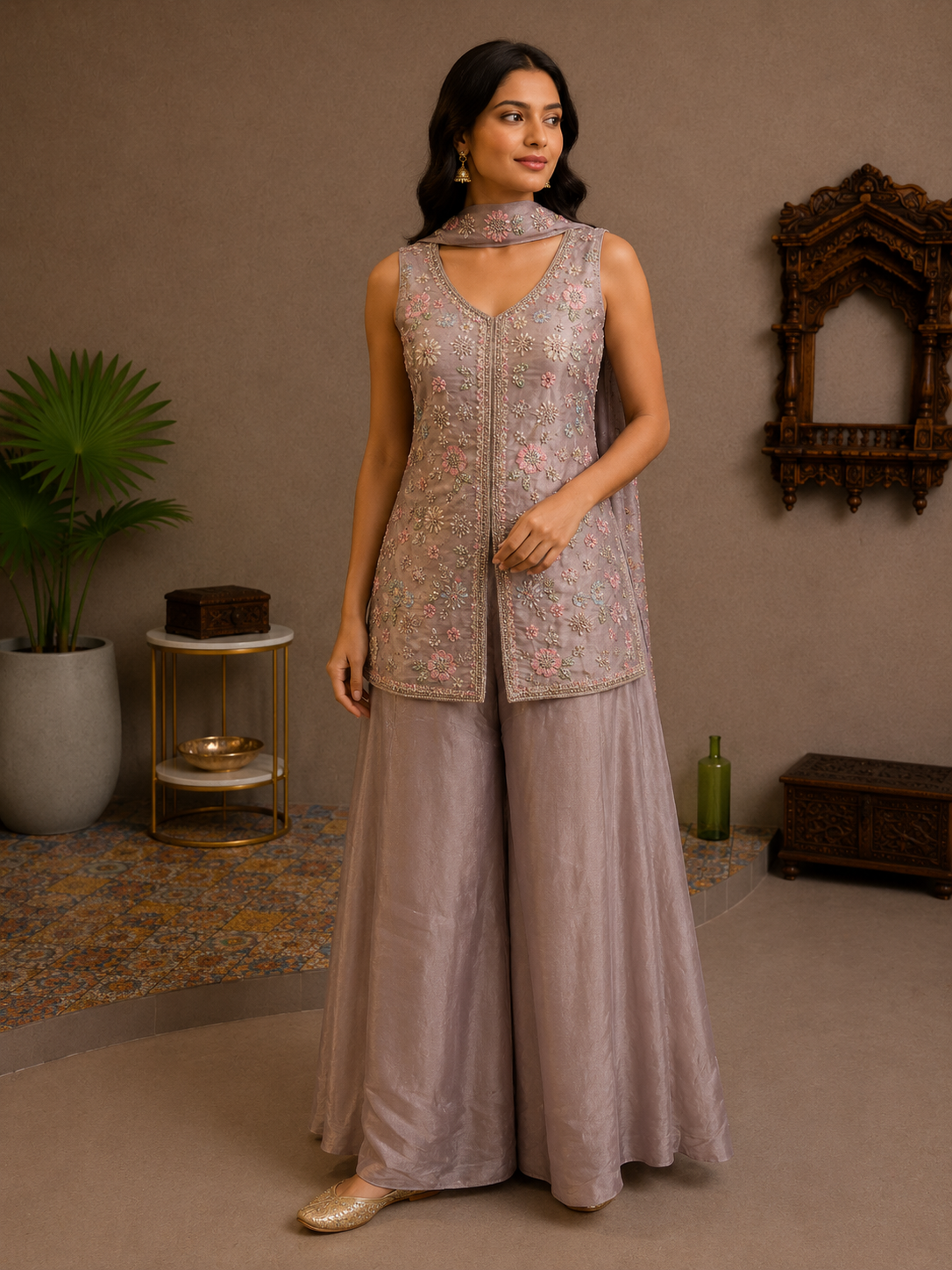 Dusty Mauve Embroidered Silk Jacket Palazzo Set